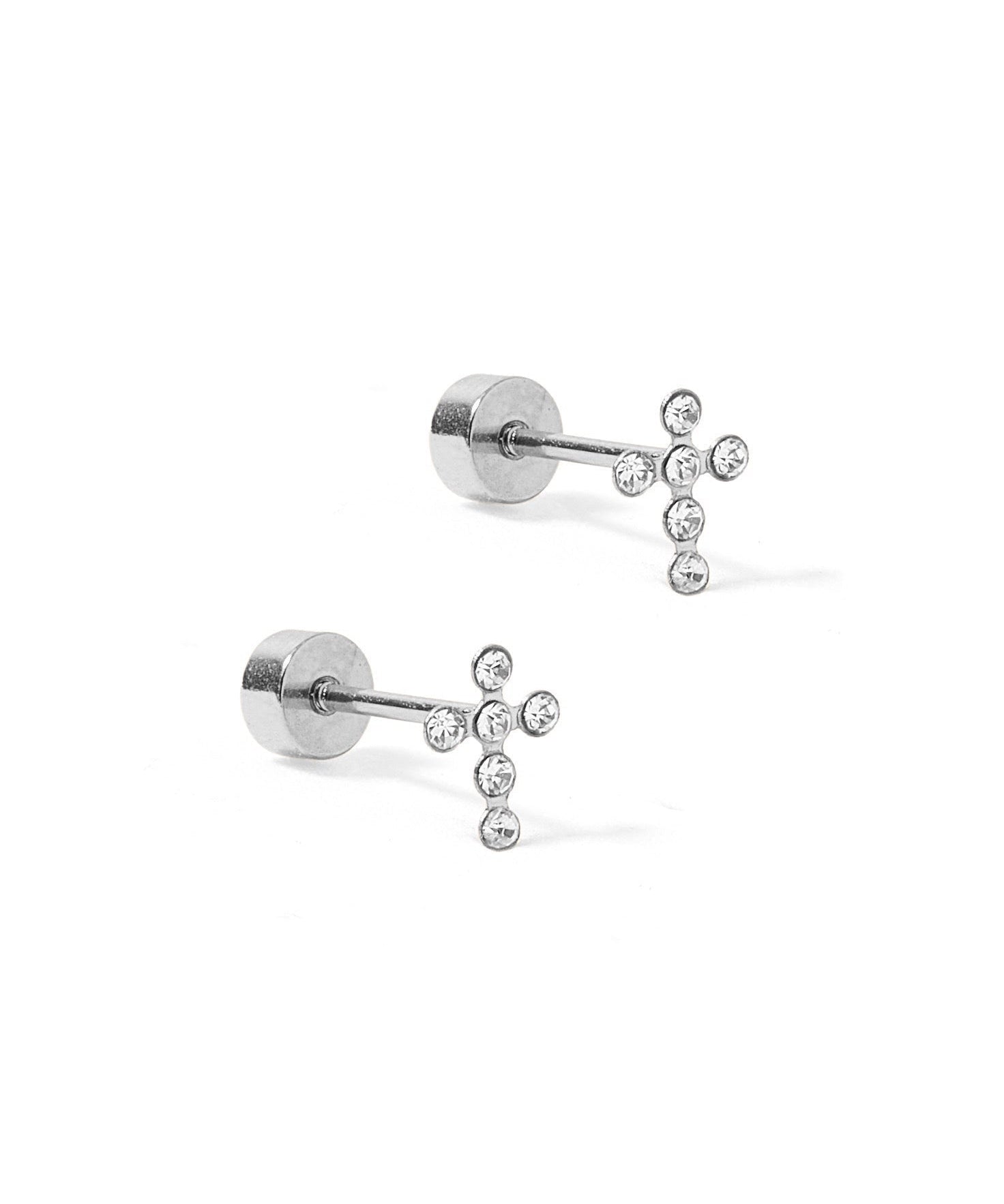 Screwback Stud Earrings - Clara Cross Silver Sparkle
