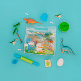Dinosaur toy set with 'Young & Wild' packaging on a blue background