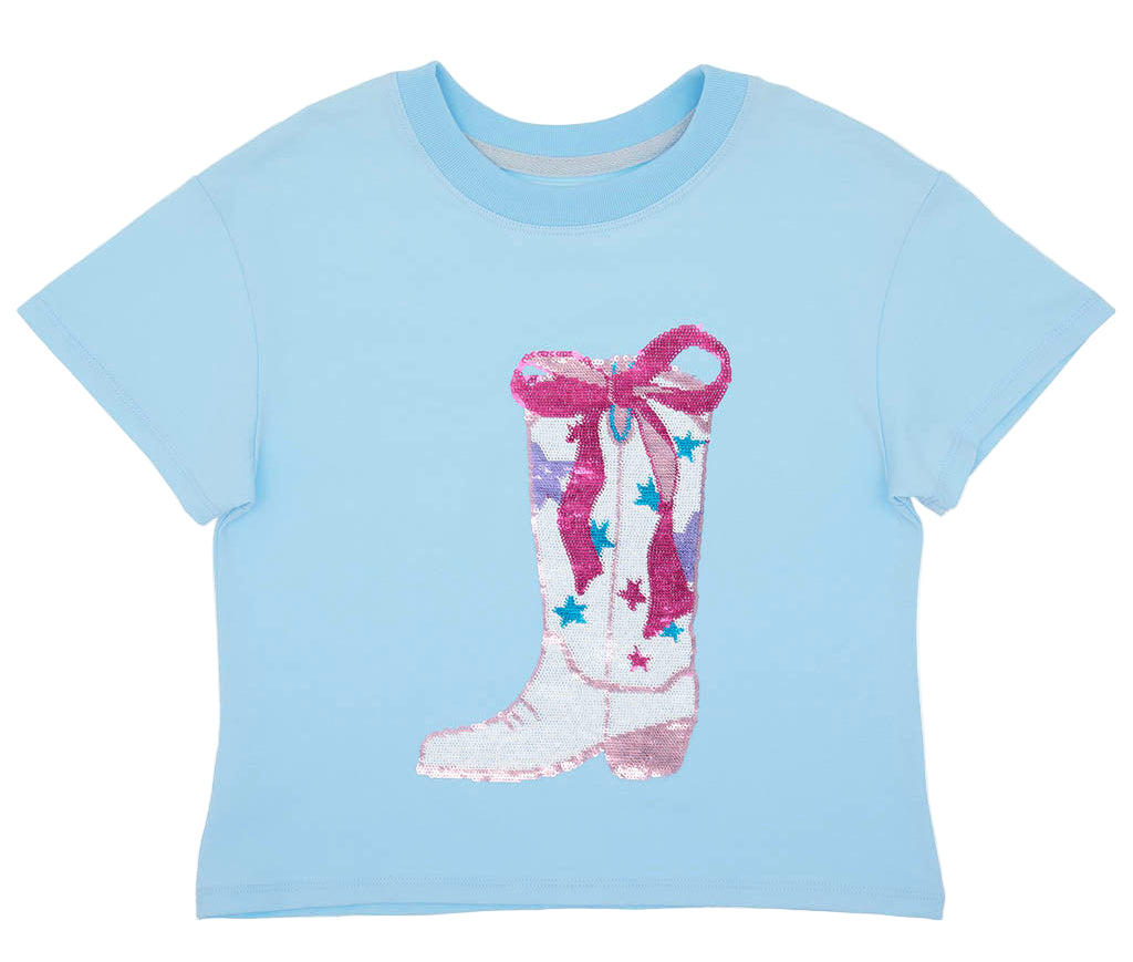 Azarhia Sequin Rodeo Boot Boxy Tee- Light Blue