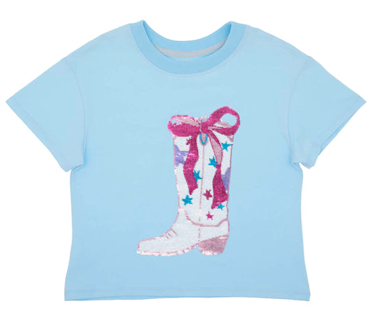 Azarhia Sequin Rodeo Boot Boxy Tee- Light Blue