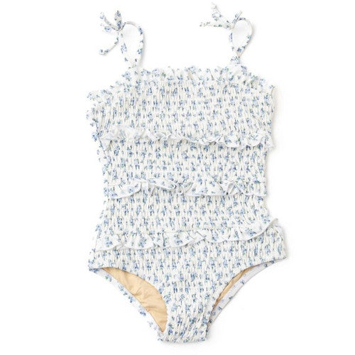 Smocked Swimsuit - Cottage Floral Blue