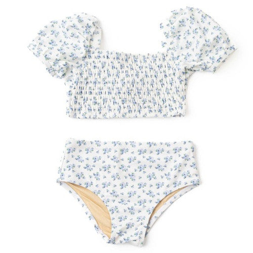 Smocked Puff Sleeve Bikini- Cottage Floral Blue
