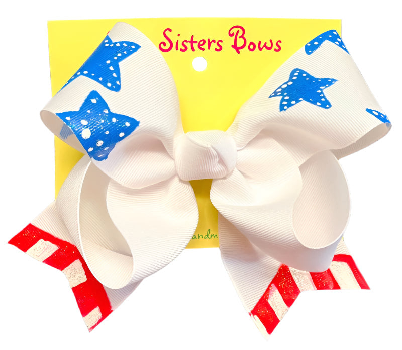 Two Sisters Bows White Stars and Stripes Large Bow