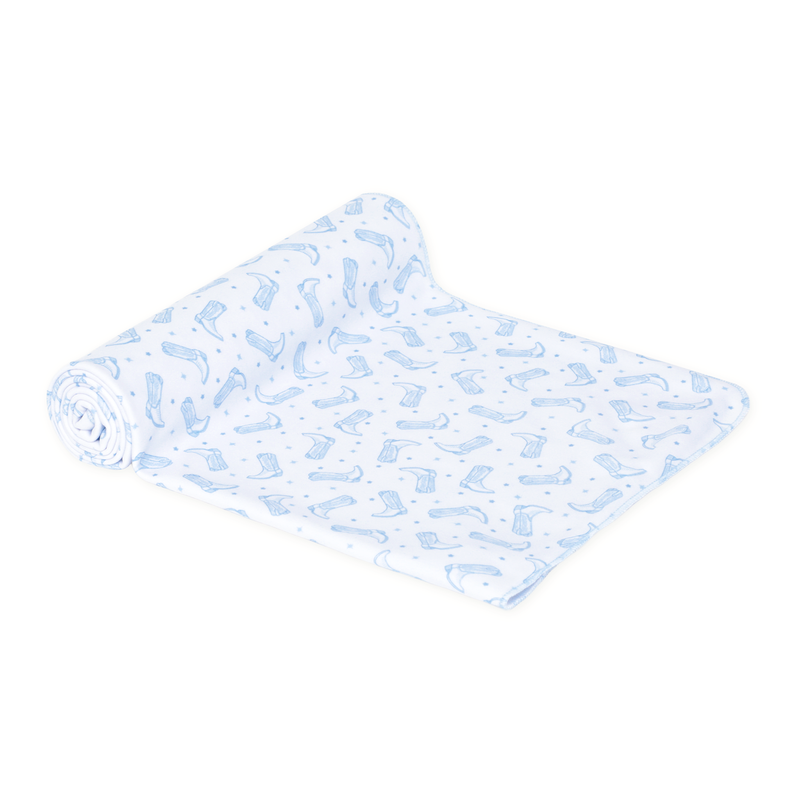 Magnolia Baby Darling Cowboy Boots Printed Swaddle Blanket- Light Blue