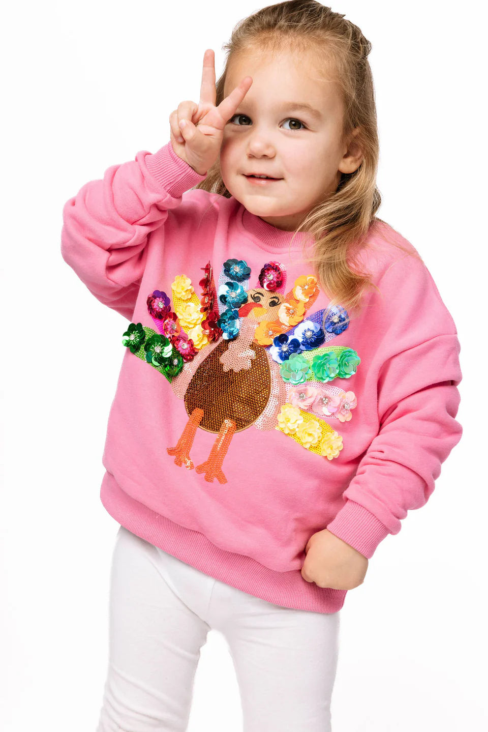 Kids Pink Rainbow Flower Turkey Sweatshirt