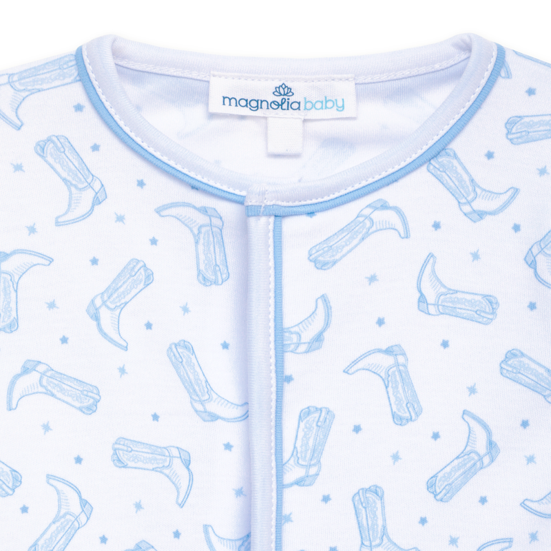 Magnolia Baby Darling Cowboy Boots Printed Footie- Light Blue