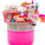 Pink slime toy with unicorn and rainbow elements on a white background