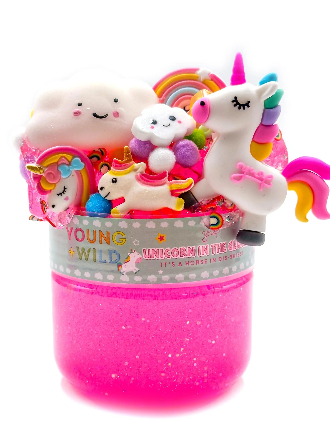 Pink slime toy with unicorn and rainbow elements on a white background