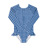 Minnow Navy Gingham Front Zip Rashguard One Piece