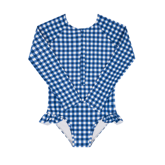 Minnow Navy Gingham Front Zip Rashguard One Piece