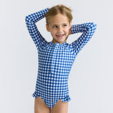 Navy Picnic Gingham Front Zip Rashguard One Piece