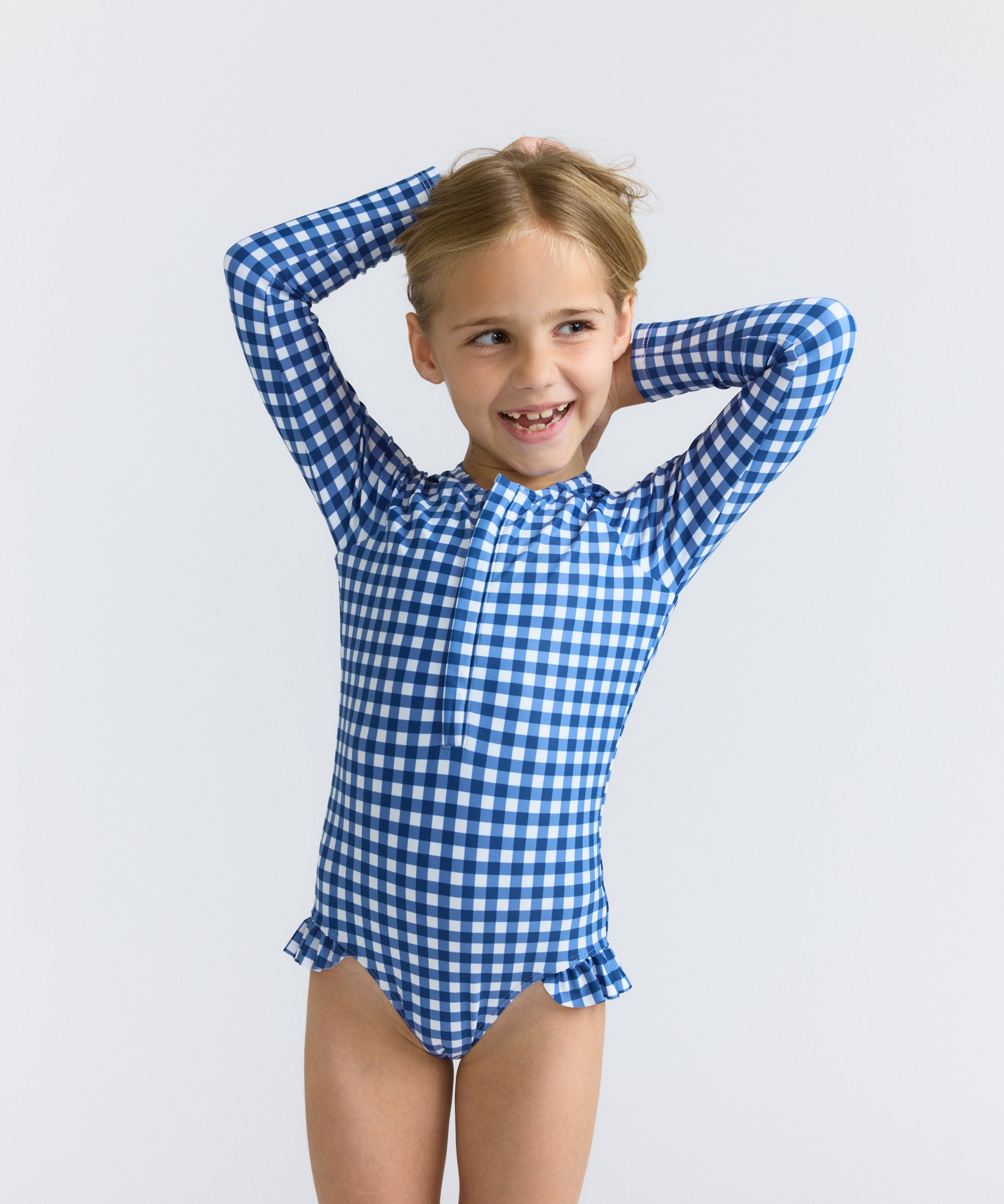 Navy Picnic Gingham Front Zip Rashguard One Piece
