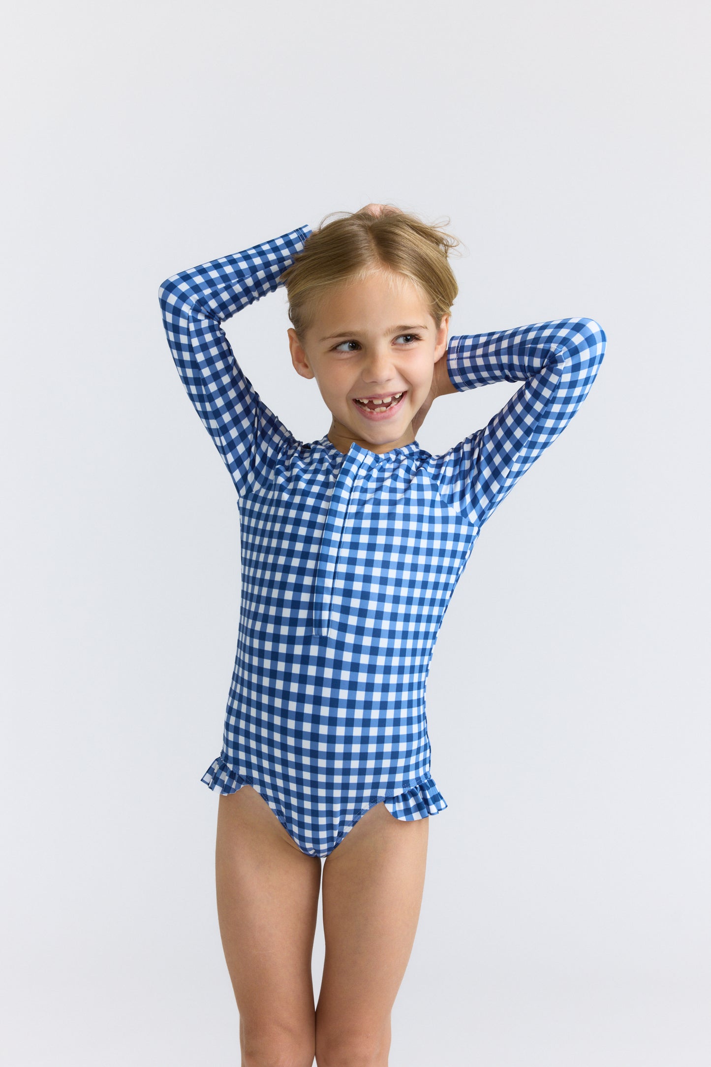 Navy Picnic Gingham Front Zip Rashguard One Piece