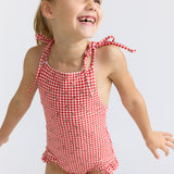Cranberry Gingham Front Tie Strap Halter One Piece