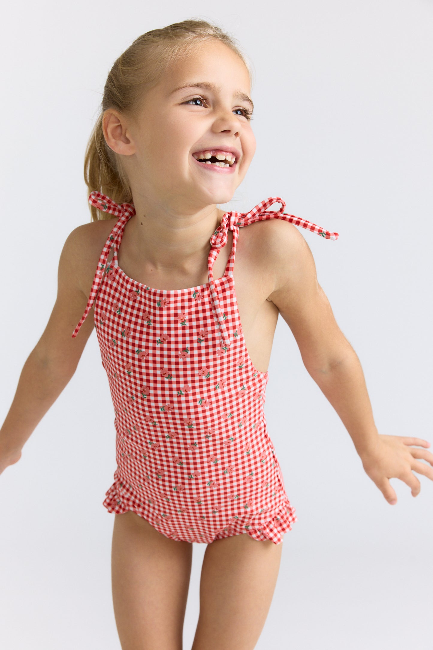 Cranberry Gingham Front Tie Strap Halter One Piece