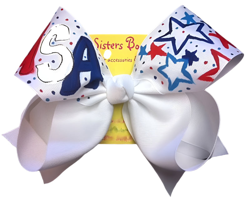 Two Sisters Bows White USA Stars Large Bow