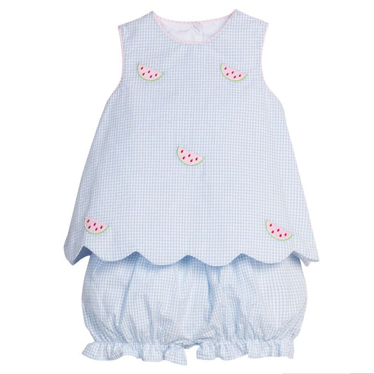 Little English Embroidered Bow Back Bloomer Set- Watermelon