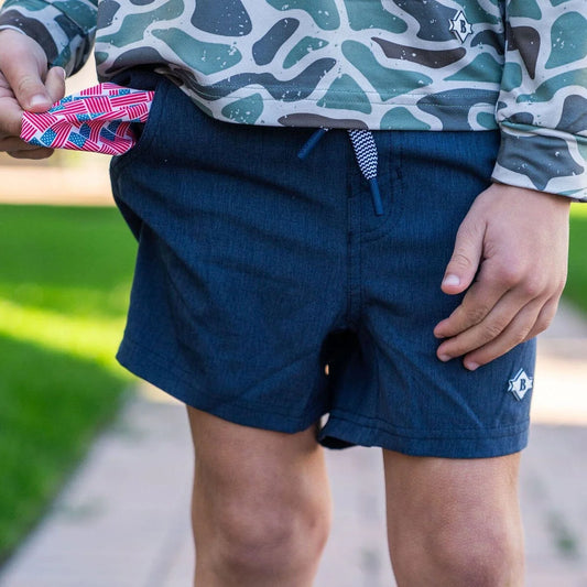 Youth Athletic Short- Heather Navy- American Flag Liner