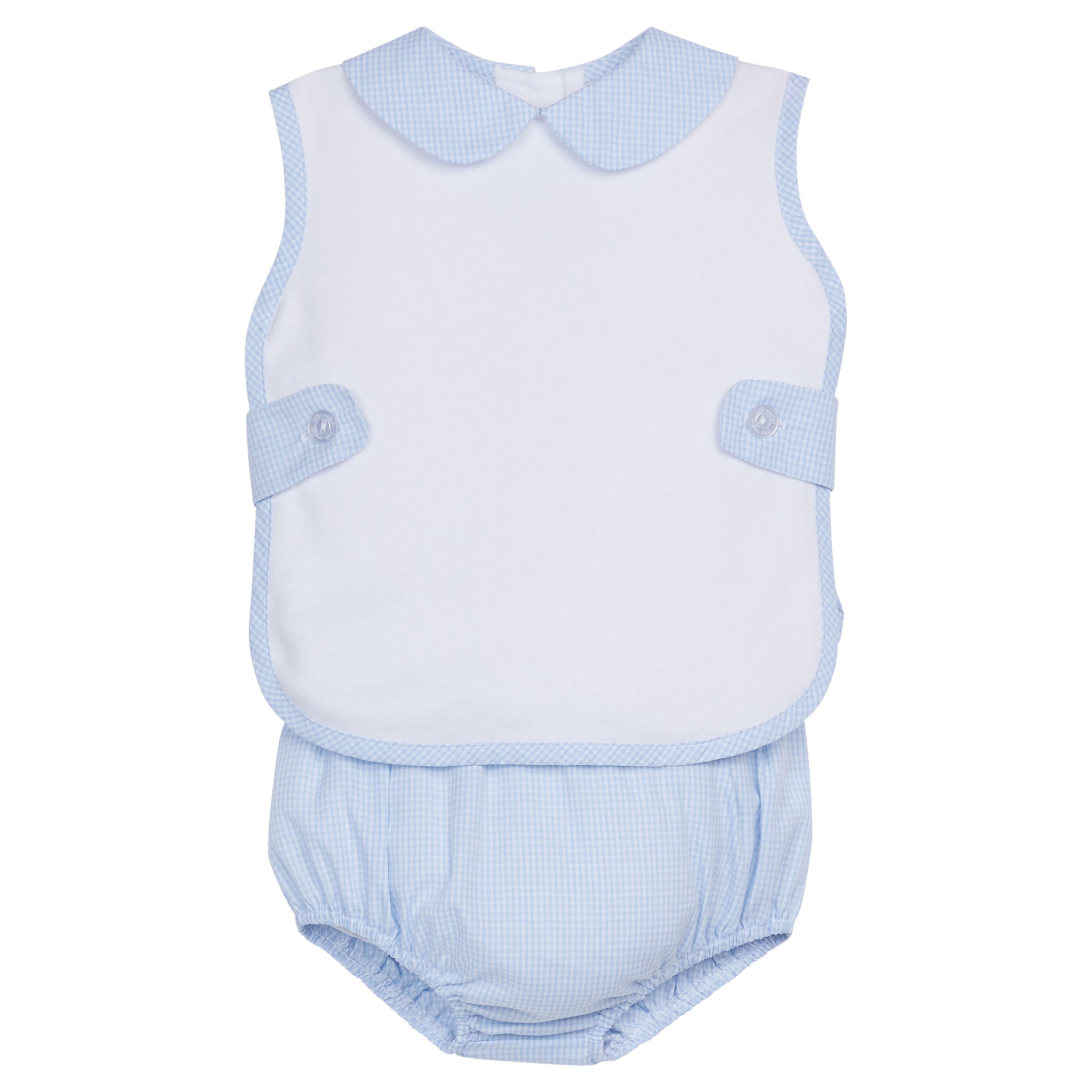 Little English Button Tab Diaper Set - Light Blue Mini Gingham
