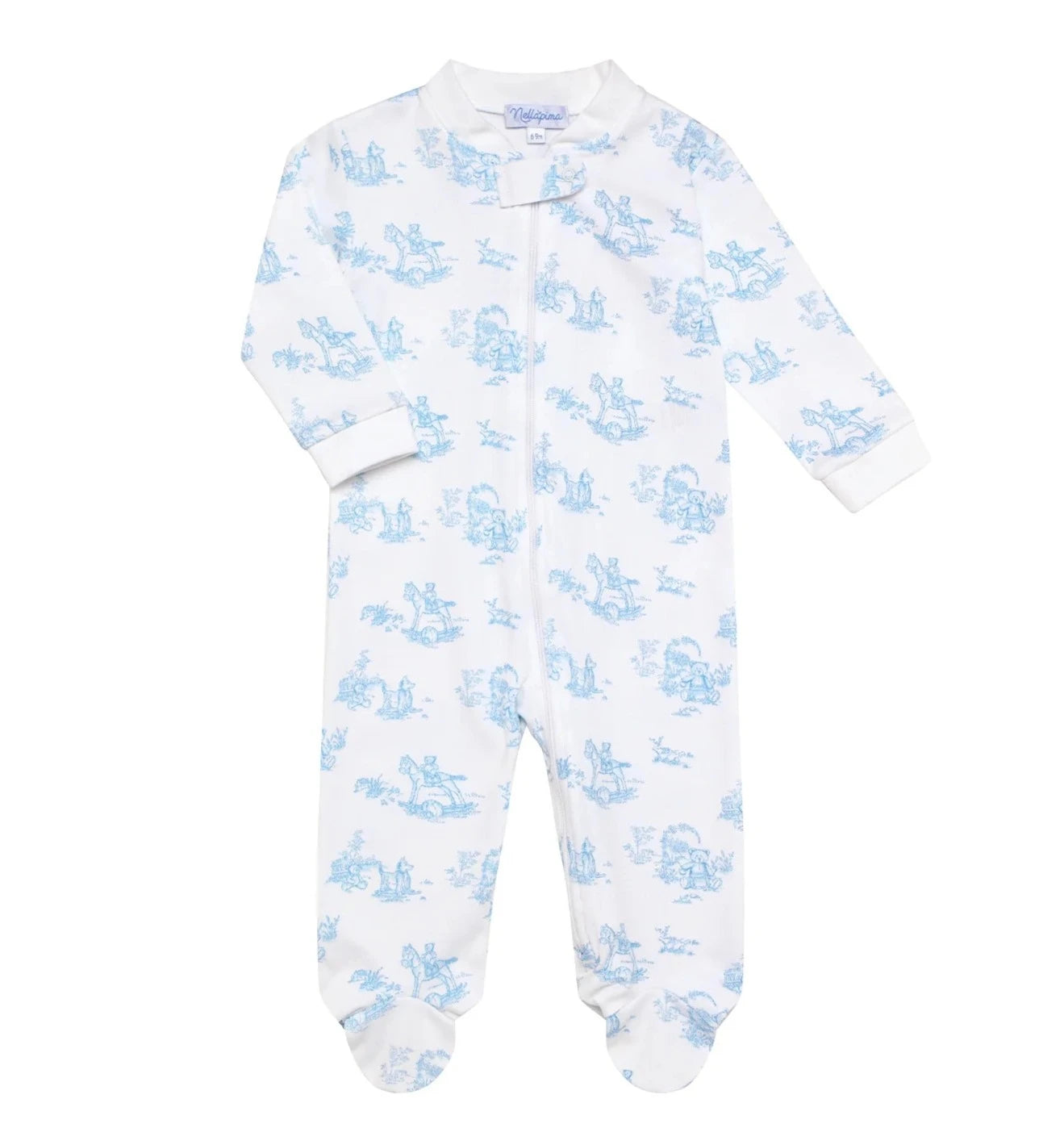 Nella Pima Blue Teddy Bear Toile Zipper Footie 