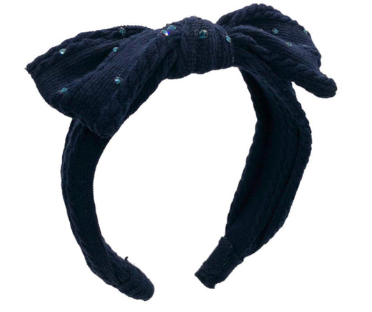 Cable Knit Headband with Rhinestones - Navy
