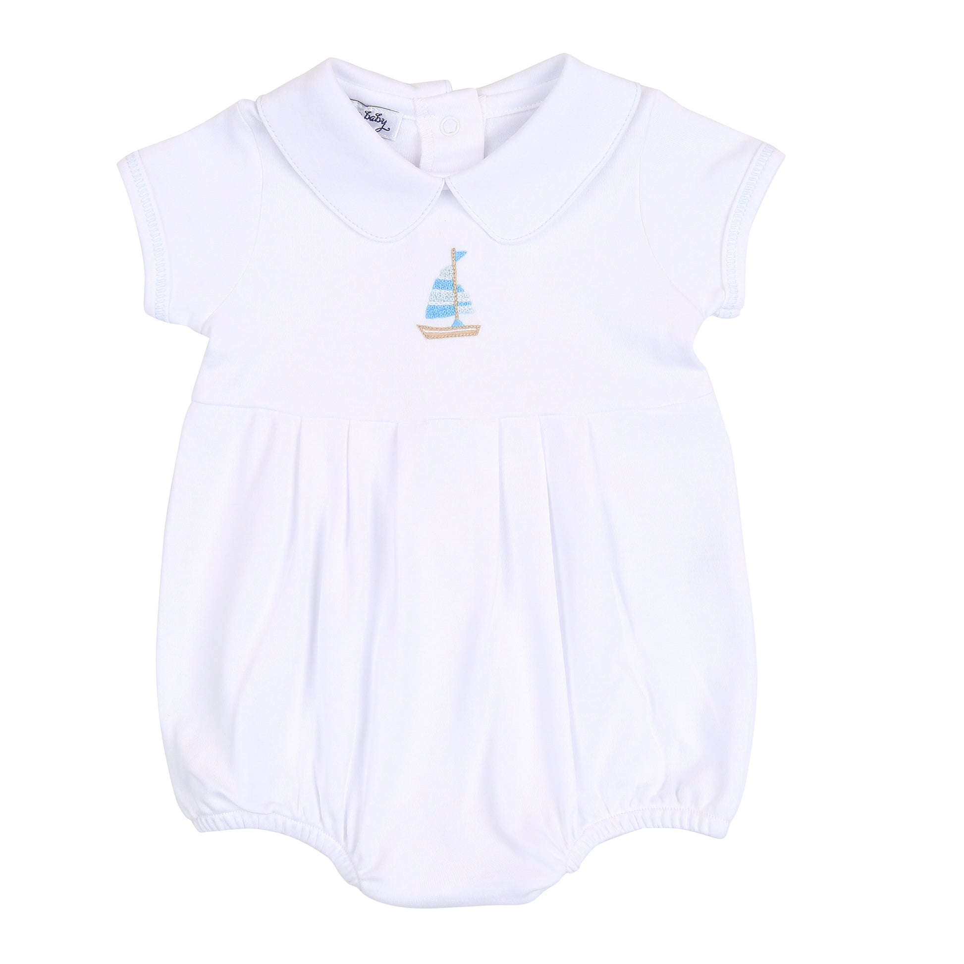 Tiny Sailboat Embroidered Collared Bubble made by Magnolia Baby.