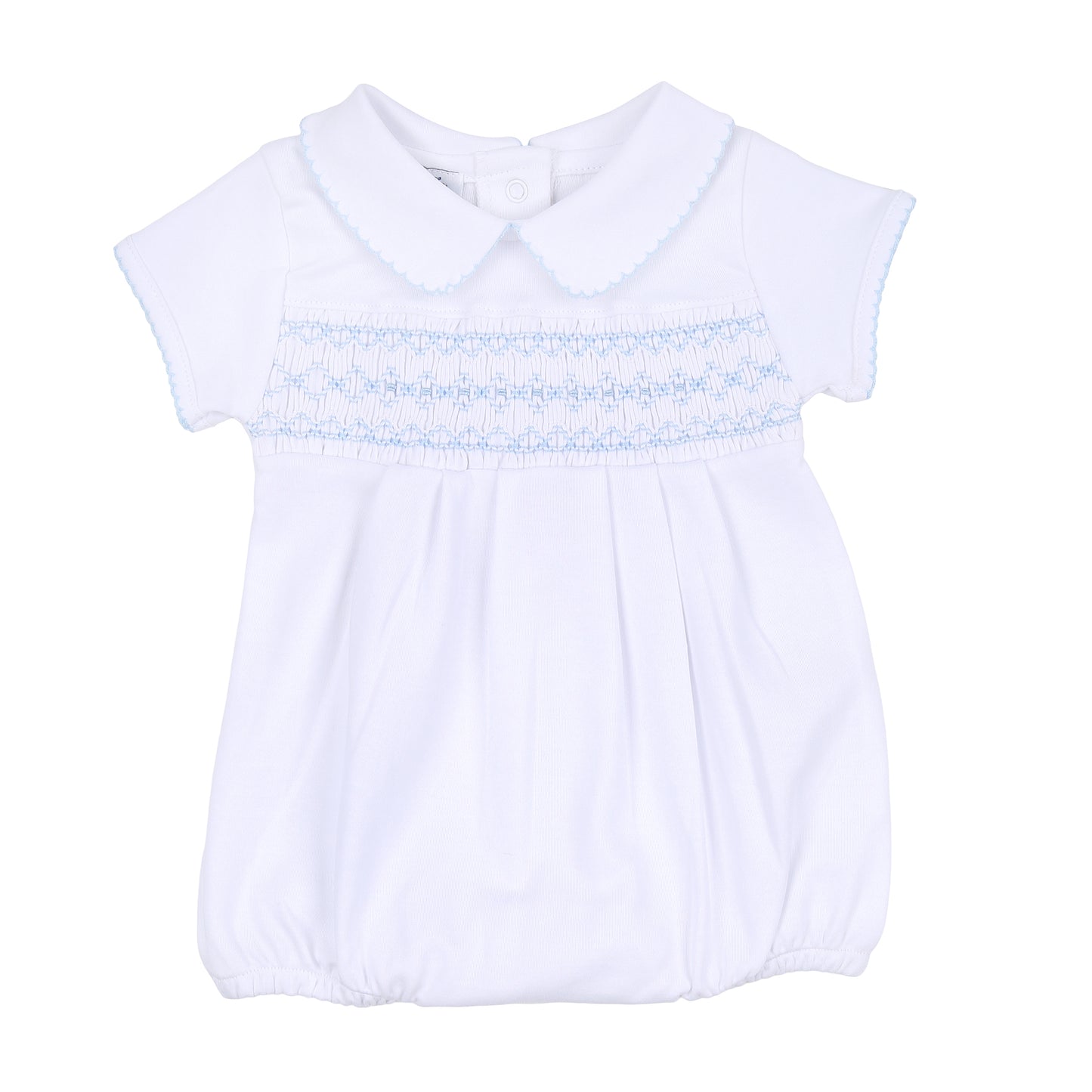 Blue Molly and Brody Smocked Collared Flutters Bubble made by Magnolia Baby.