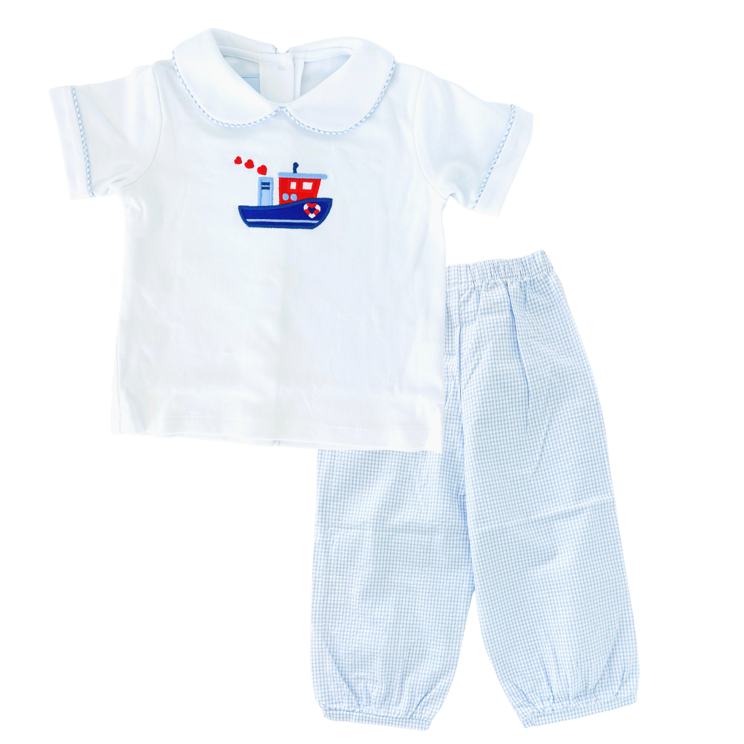 Tugboat Applique Peter Pan Pant Set made by Little English for Valentine's Day 2023.