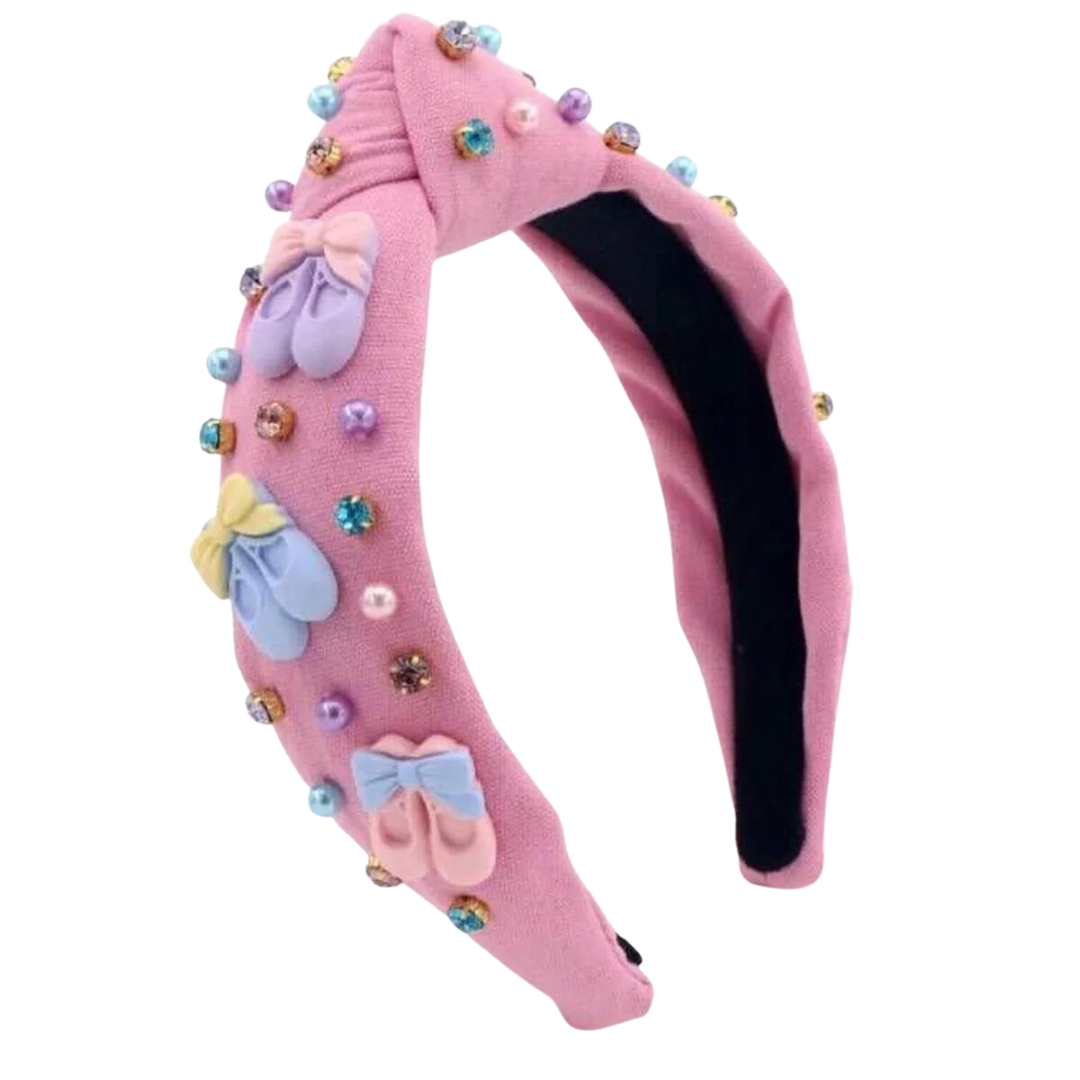 Tiny Dancer Knot Headband decorated with ballet slippers and rhinestones for children made by Poppyland.