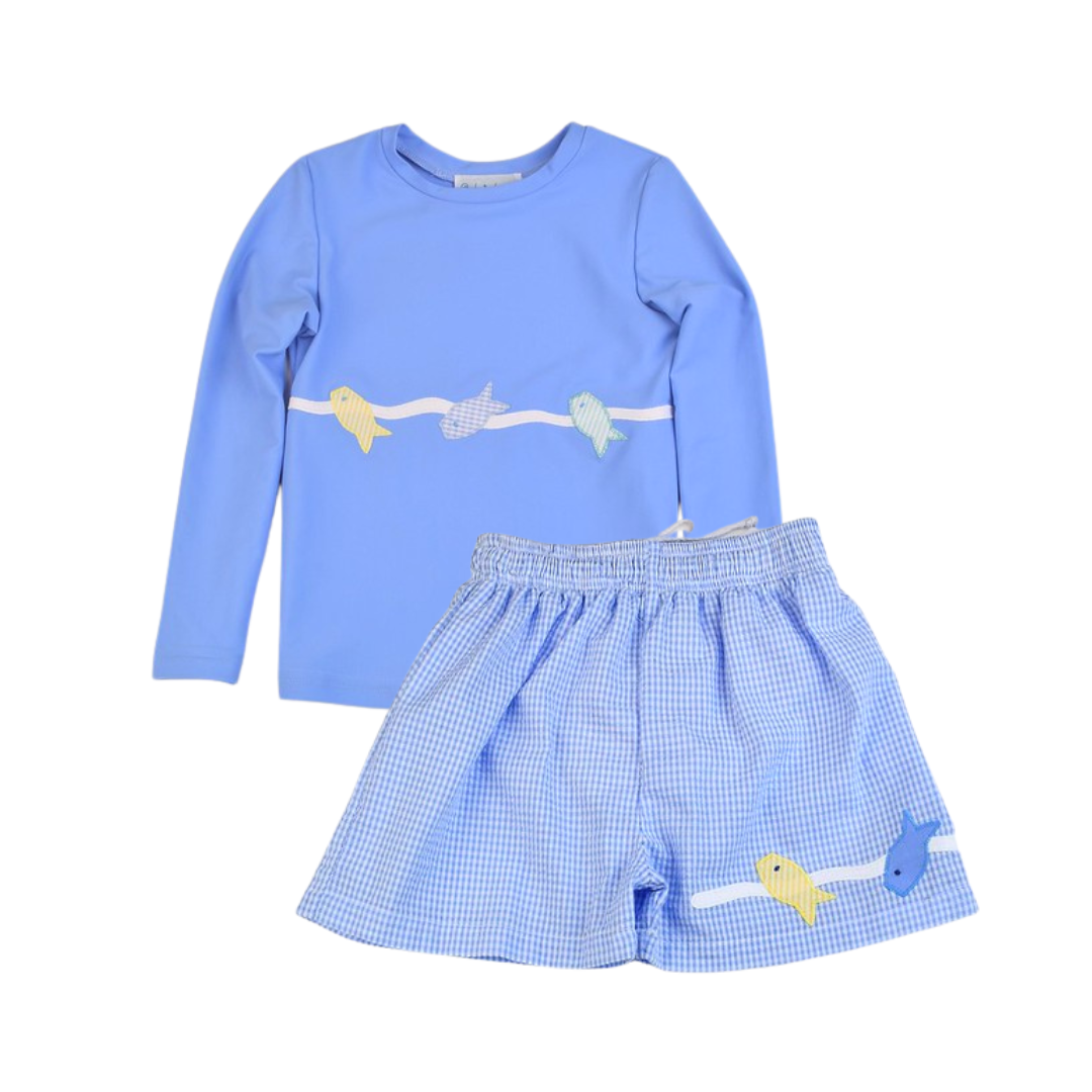 Fish Rash Guard & Trunks Set by Funtasia Too.