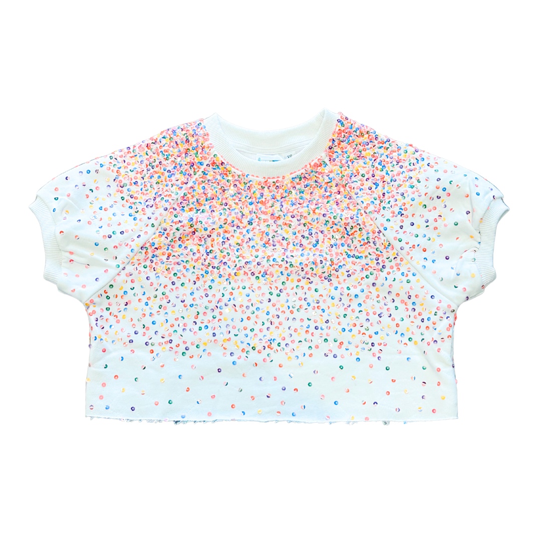 Queen of Sparkles White Striped Scattered Sequin Top - Kids