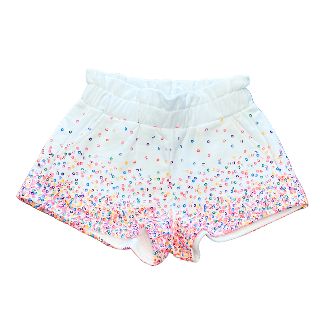 Queen of Sparkles White Striped Scattered Sequin Shorts - Kids