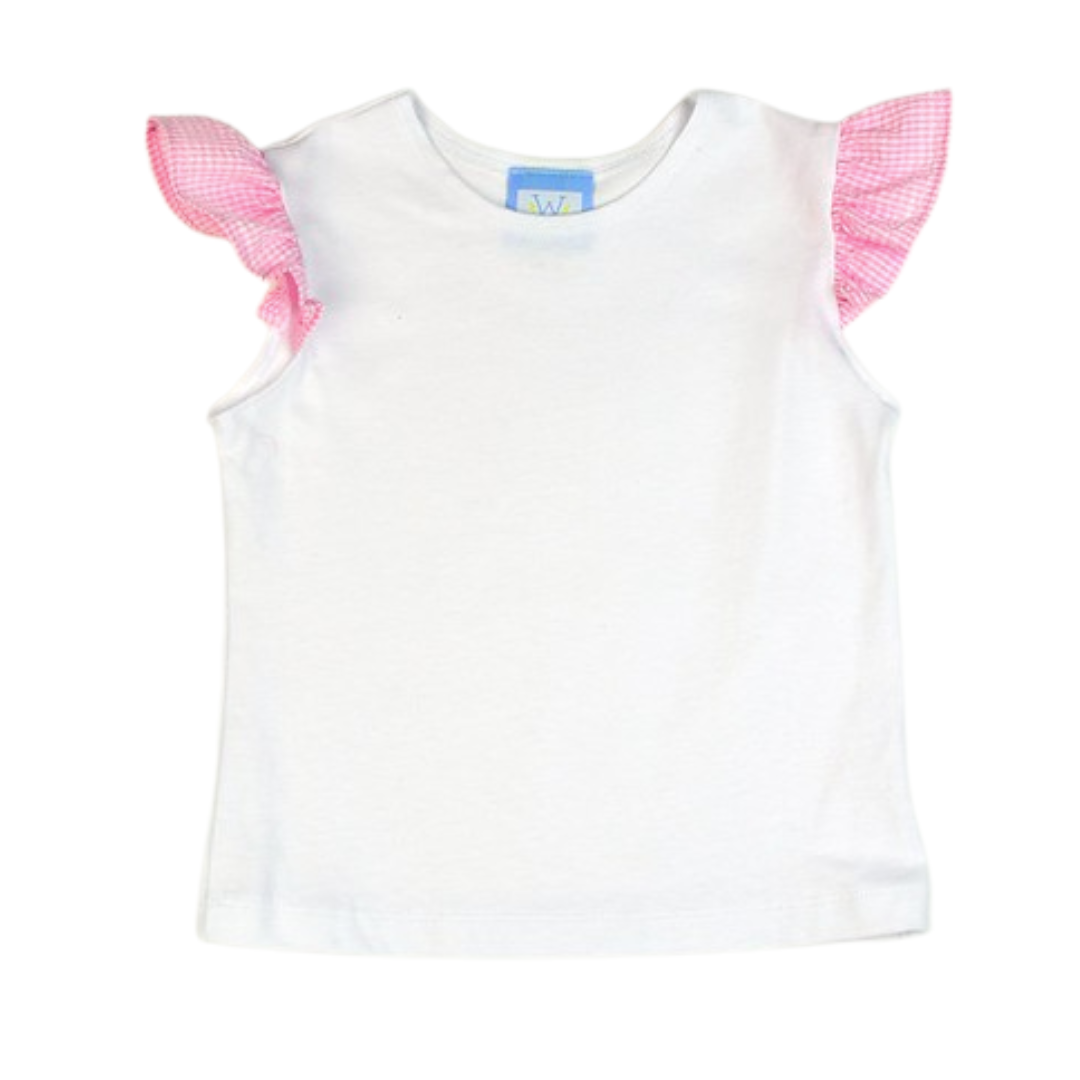 A white cotton tee shirt with a pink seersucker angel sleeve.