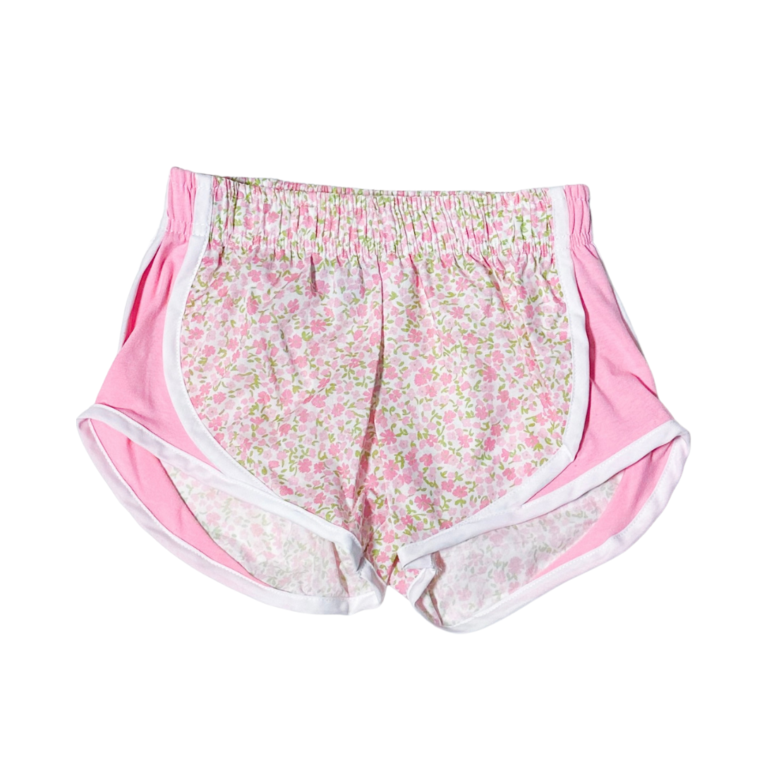 Athletic Shorts - Pink Floral Shorts with Pink Sides