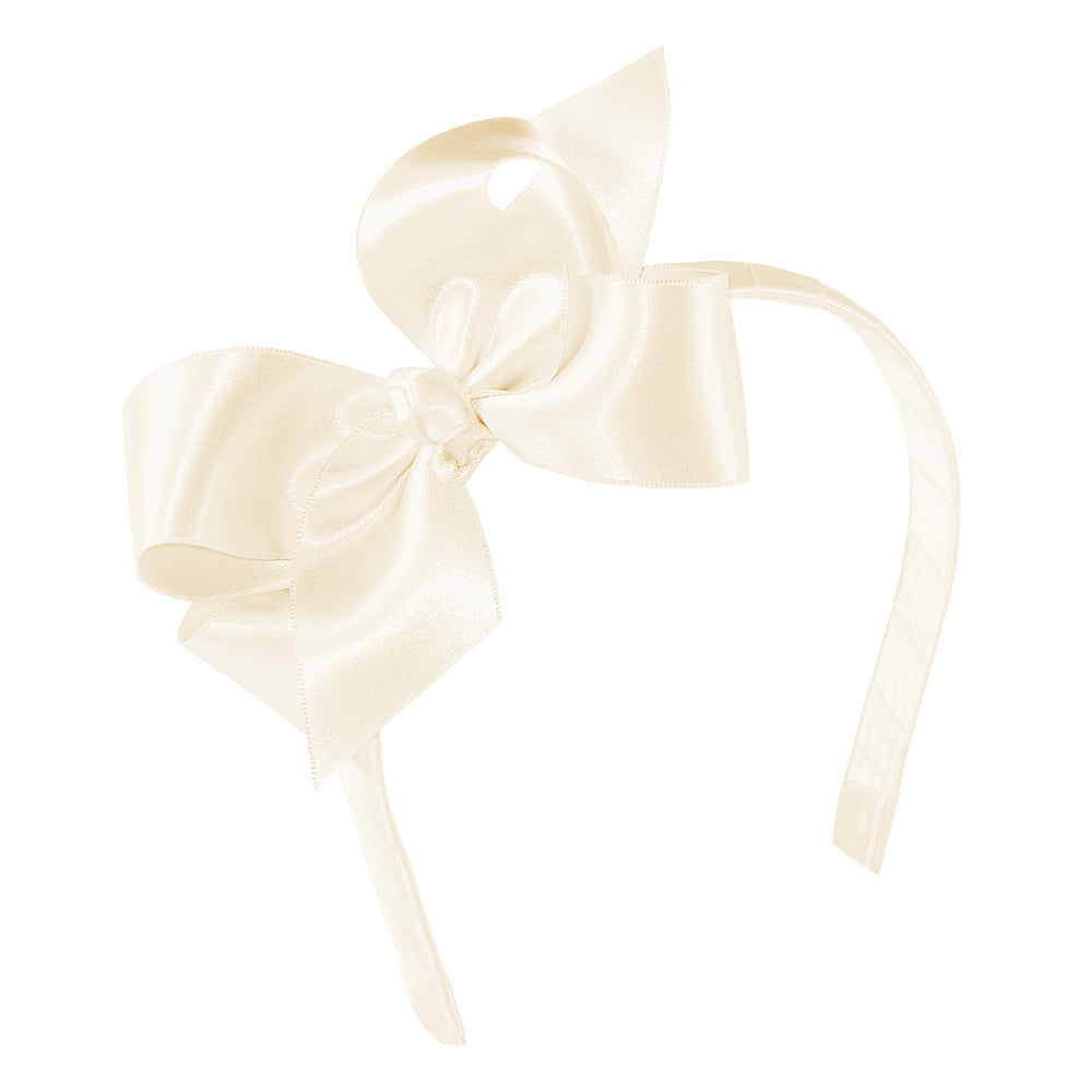 Wee Ones Medium French Satin Bow with Center Knot on Headband - Ecru