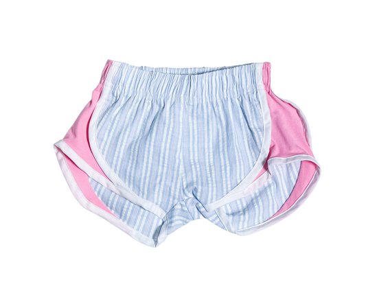 Athletic Shorts - Blue and Pink Stripes with Pink Sides