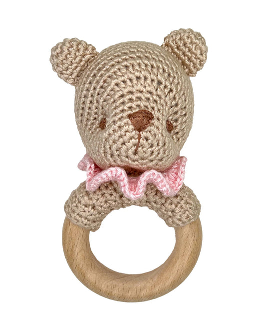 Bear Bamboo Crochet Woodring Rattle - Pink