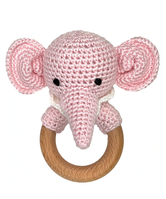 Elephant Bamboo Crochet Woodring Rattle - Pink