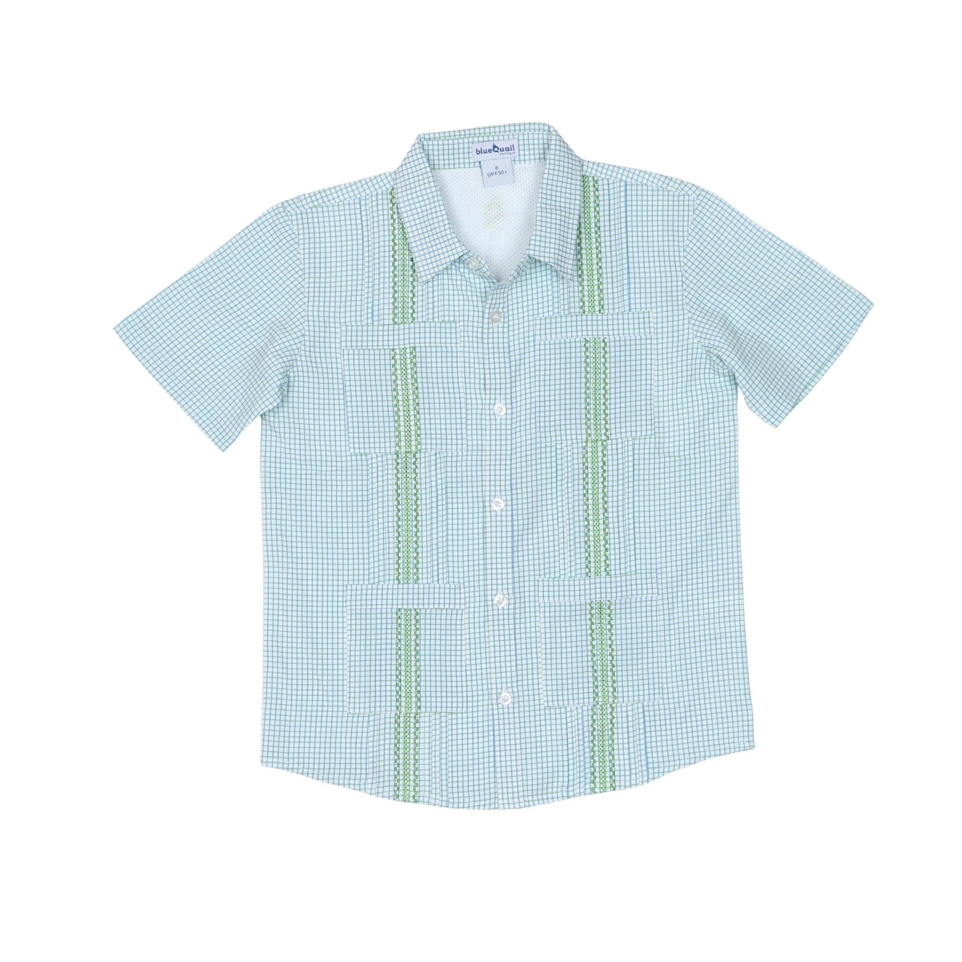 Light Blue Check with Light Green Stitch Guayabera