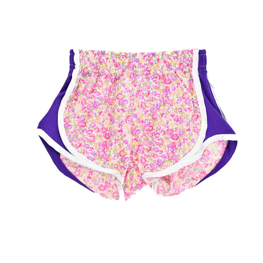 Athletic Shorts - Floral Shorts with Purple Sides