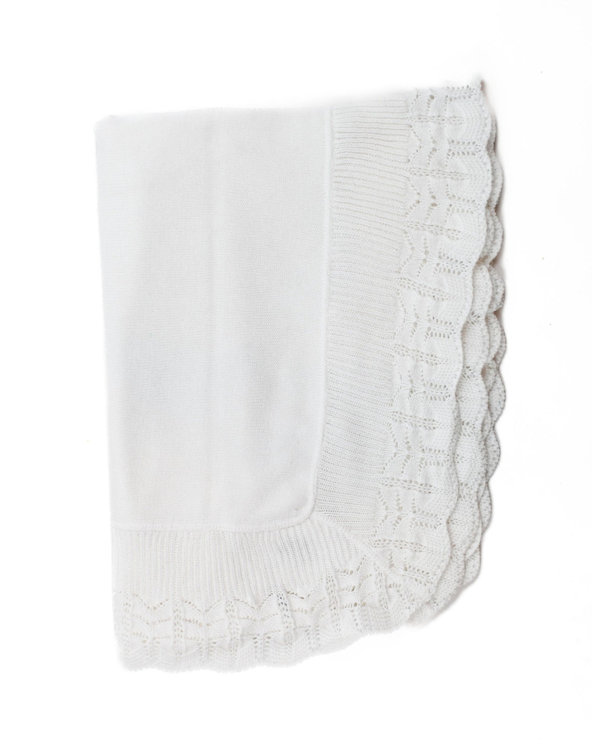 Cotton Jersey Baby Blanket with Knitted Scallop Lace Border made by A Soft Idea.