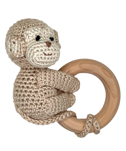 Monkey Bamboo Crochet Woodring Rattle