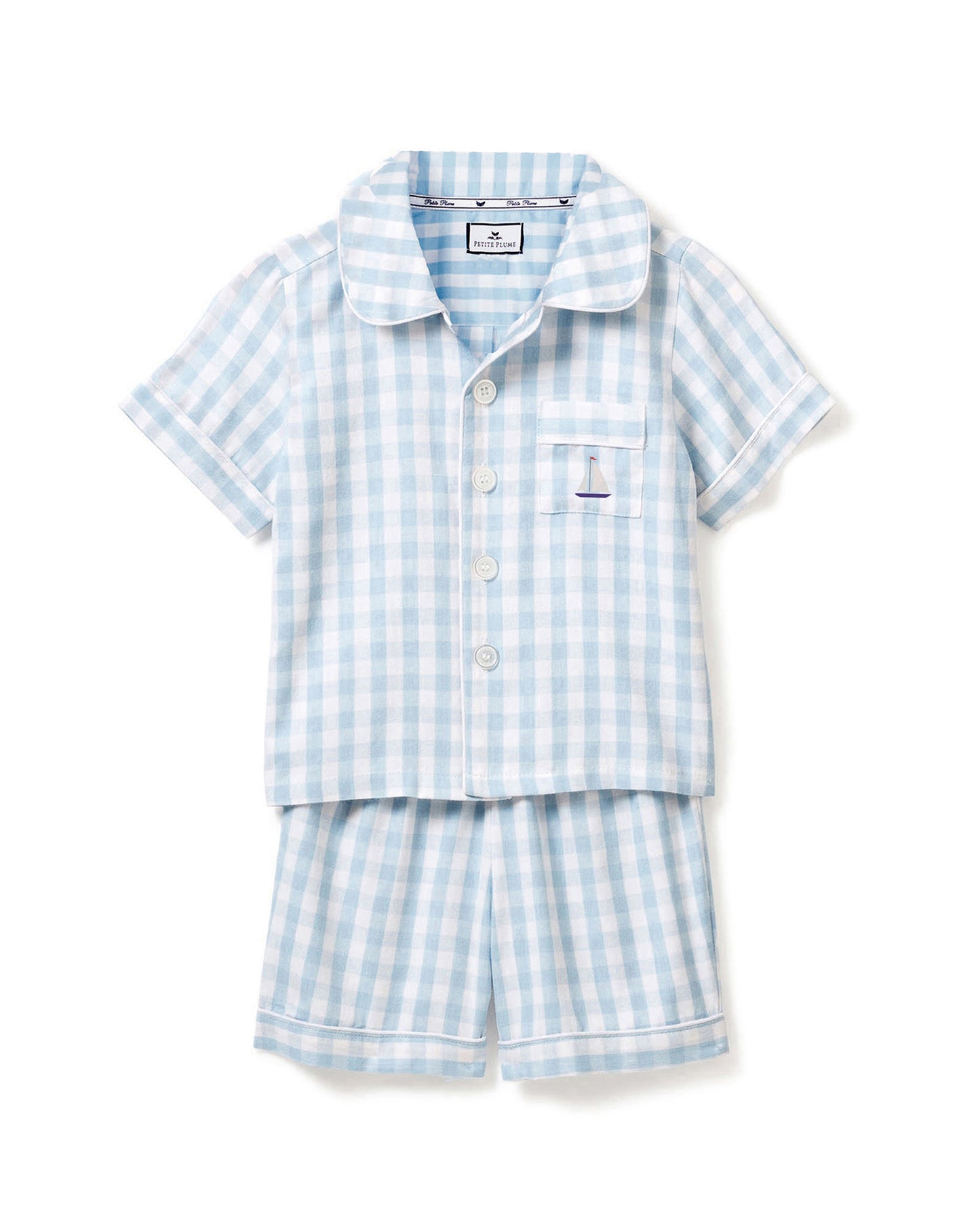 Petite Plume Light Blue Gingham Short Set - Sailboat