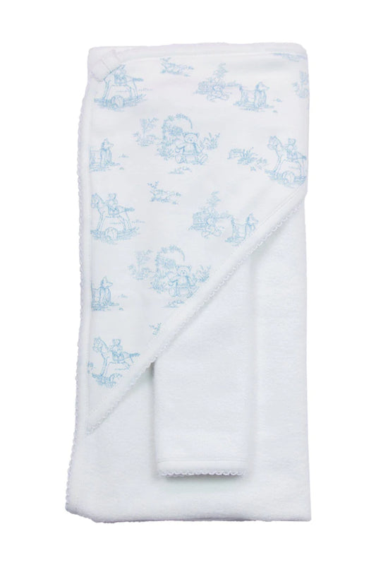 Teddy Bear Toile Hooded Towel - Blue