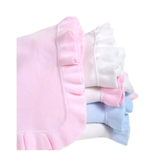 Knitted Blanket with Ruffle Edge - White/Pink