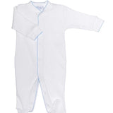 White Bubble Baby Footie - Blue Picot Trim