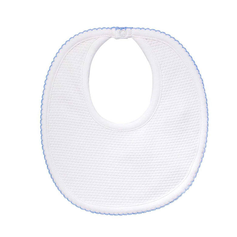 White Bubble Baby Bib - Blue Picot Trim