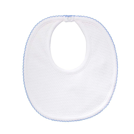 White Bubble Baby Bib - Blue Picot Trim