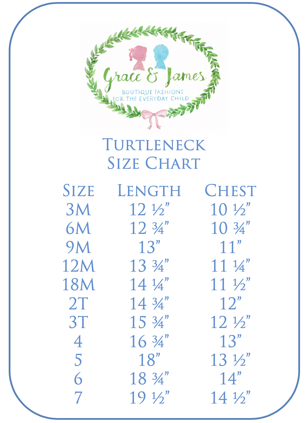 Grace and James Boutique Fashion for every child turtleneck size chart