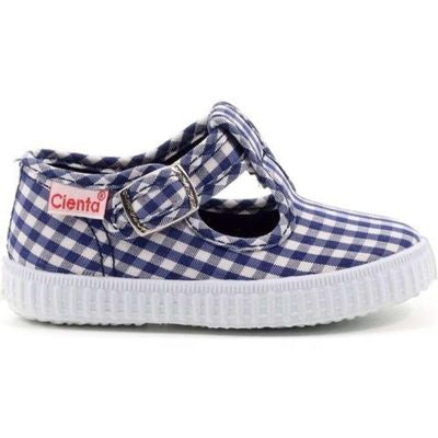 Cienta T-Strap Shoe - Navy Gingham
